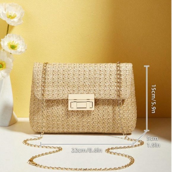 Minimalist  Flap Straw Bag Turn-lock Chain - Picture 4 of 5